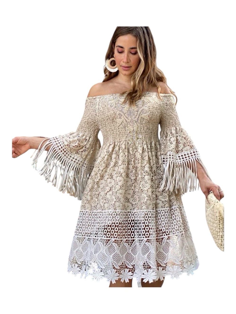 MAISON DE LUXE CHLOE LAETITIA Boho Lace & Fringe Dress